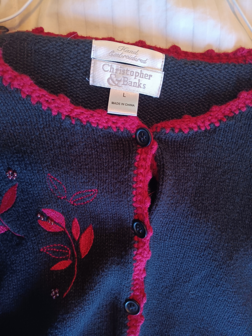Christopher & Banks Women's Black Sweater Cardigan with Red Trim - L